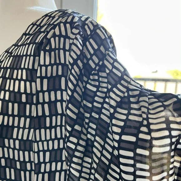 Zara Black Grey & Ivory Geometric Print Pure Silk Boat-Neck Blouse - US L - Picture 7 of 10